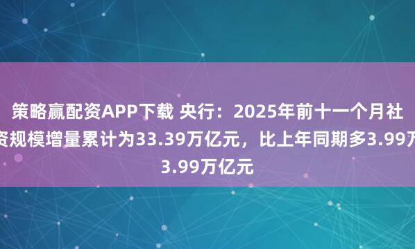 策略赢配资APP下载 央行：2025年前十一个月社会融资规模增量累计为33.39万亿元，比上年同期多3.99万亿元